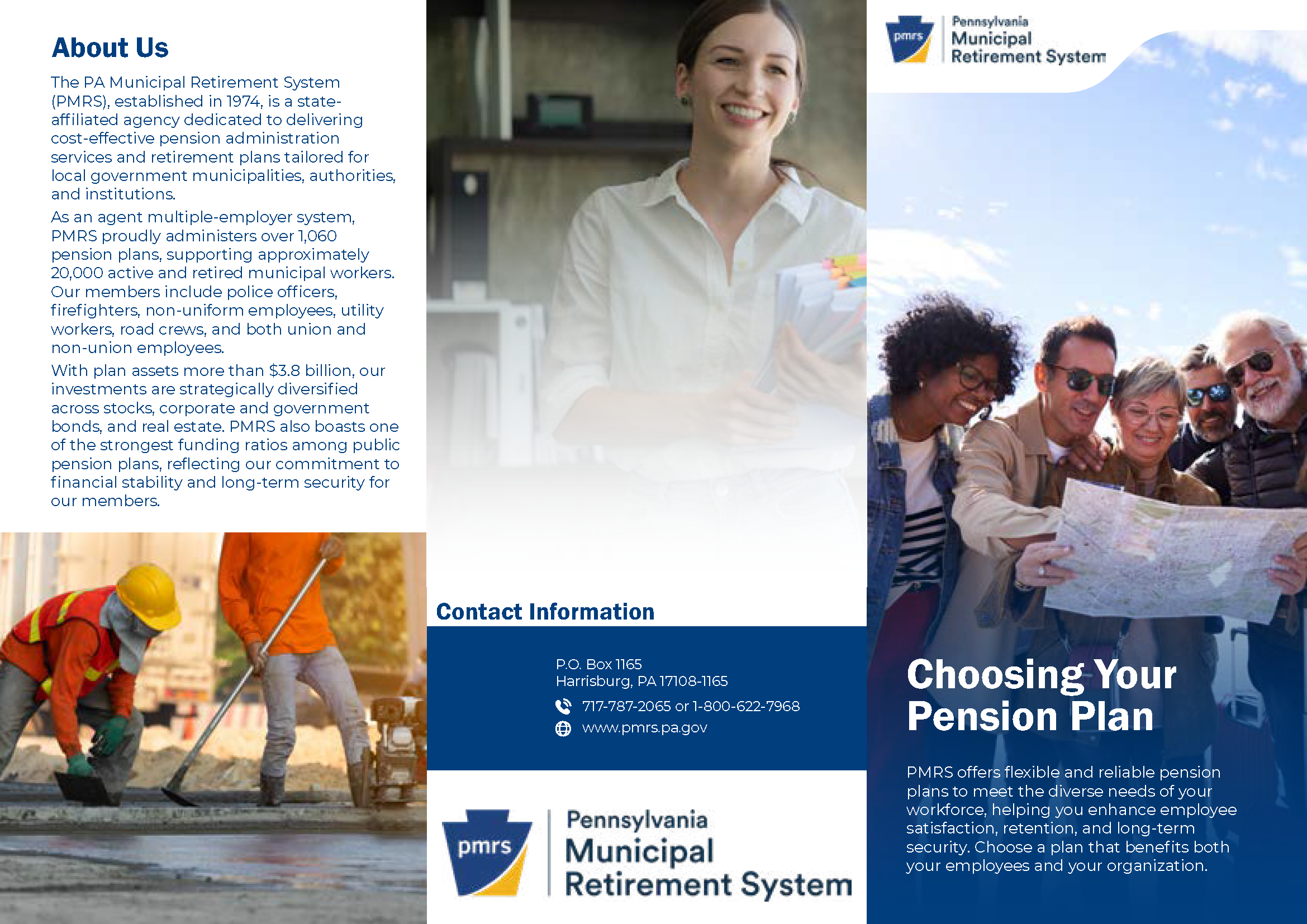Picture of the choosing your PMRS Pension plan - information includes about us and contact information.